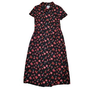 Basic‎ Editions M Midi Dress Black Red Floral Button Front 90s Vintage Cottage